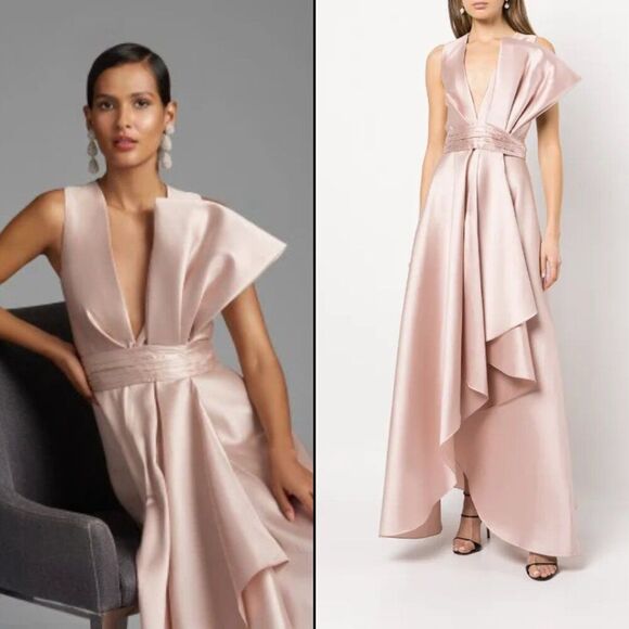 Sachin & Babi Size 12 Jenna Silver Peony Light Pink Bow High Low Maxi Gown Dress - Picture 1 of 3